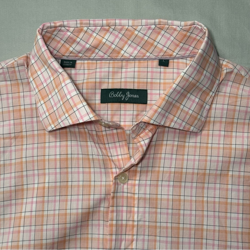 Bobby Jones 100% Cotton Plaid Button Down Shirt Large Orange Pink Check Golf